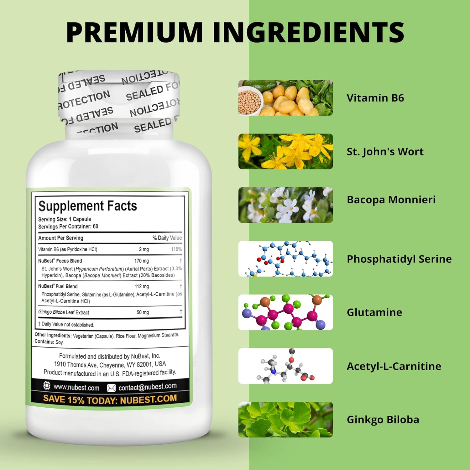 NuBest NuBrain Booster - Premium Nootropic Supplement for Memory, Focus & Clarity - 2 Pack with St. John’s Wort, Ginkgo Biloba, Bacopa & More