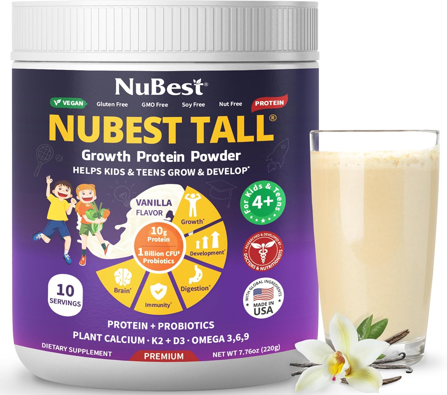 NuBest Tall Vanilla Vegan Protein Powder & Doctor Taller Kids Multivitamin Bundle - 10 Servings Protein + 60 Chewable Multivitamins - Grape Flavor for Bone Health & Immunity