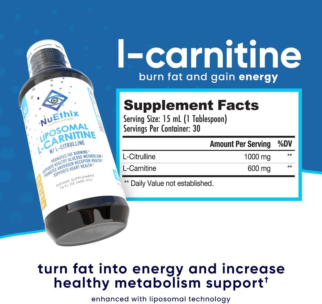 NuEthix Formulations Lipsomal L-Carnitine Supplement 600mg with L-Citrulline 1000mg for Healthy Weight Management, Fat Metabolism, Energy Production and Increased Blood Flow, For Men & Women
