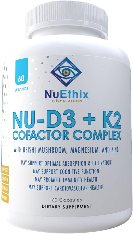 NuEthix Formulations NU-D3 + K2 - Vitamin D3 and K2 5000 iu Supplements with Reishi Mushroom, Magnesium, & Zinc - 60ct - Made in USA