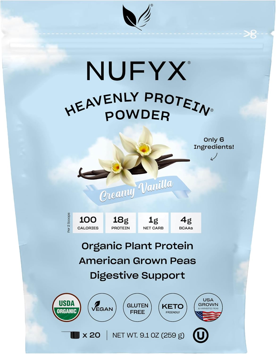 NUFYX® Heavenly Protein® Powder - 100% Organic American Grown Pea Protein (Creamy Vanilla, 20 Scoops)