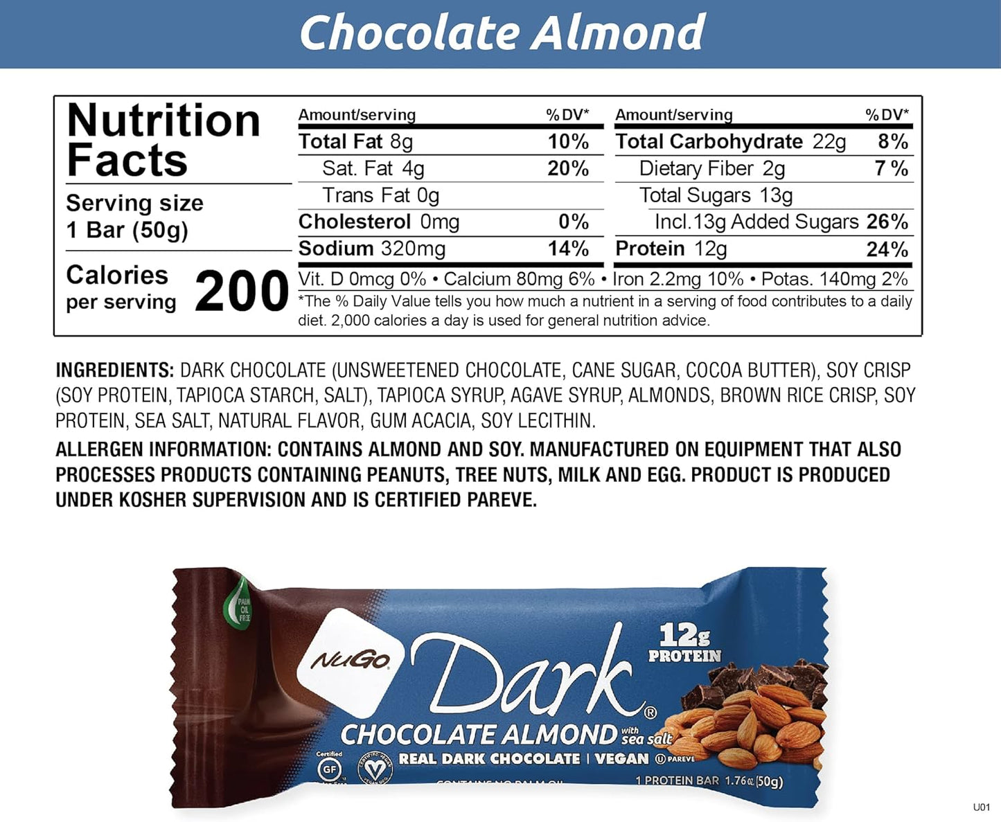 NuGo Dark Chocolate Almond Sea Salt Protein Bars - Vegan, Gluten Free, Non-GMO - 24 Count