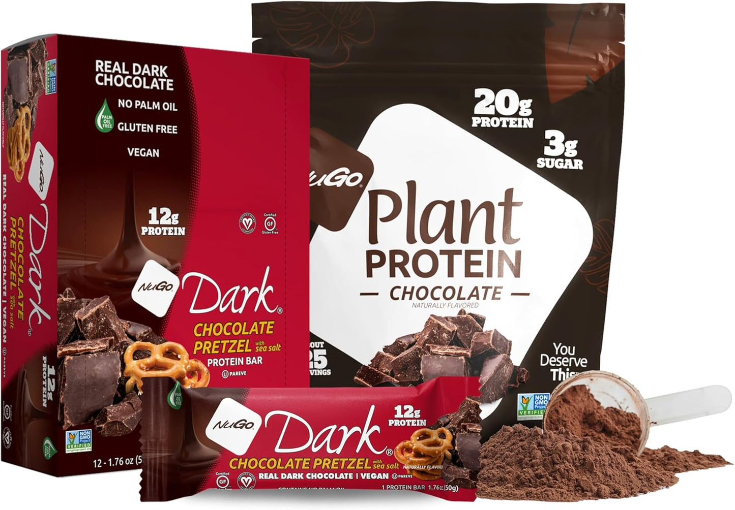 NuGo Dark Chocolate Pretzel Snack Bars with Sea Salt, 12g Vegan Protein, Gluten Free, Kosher Pareve, Non-GMO, 12 Count + NuGo Plant Protein Powder, Chocolate Flavor, 20g Protein, 3g Sugar, 25 Servings