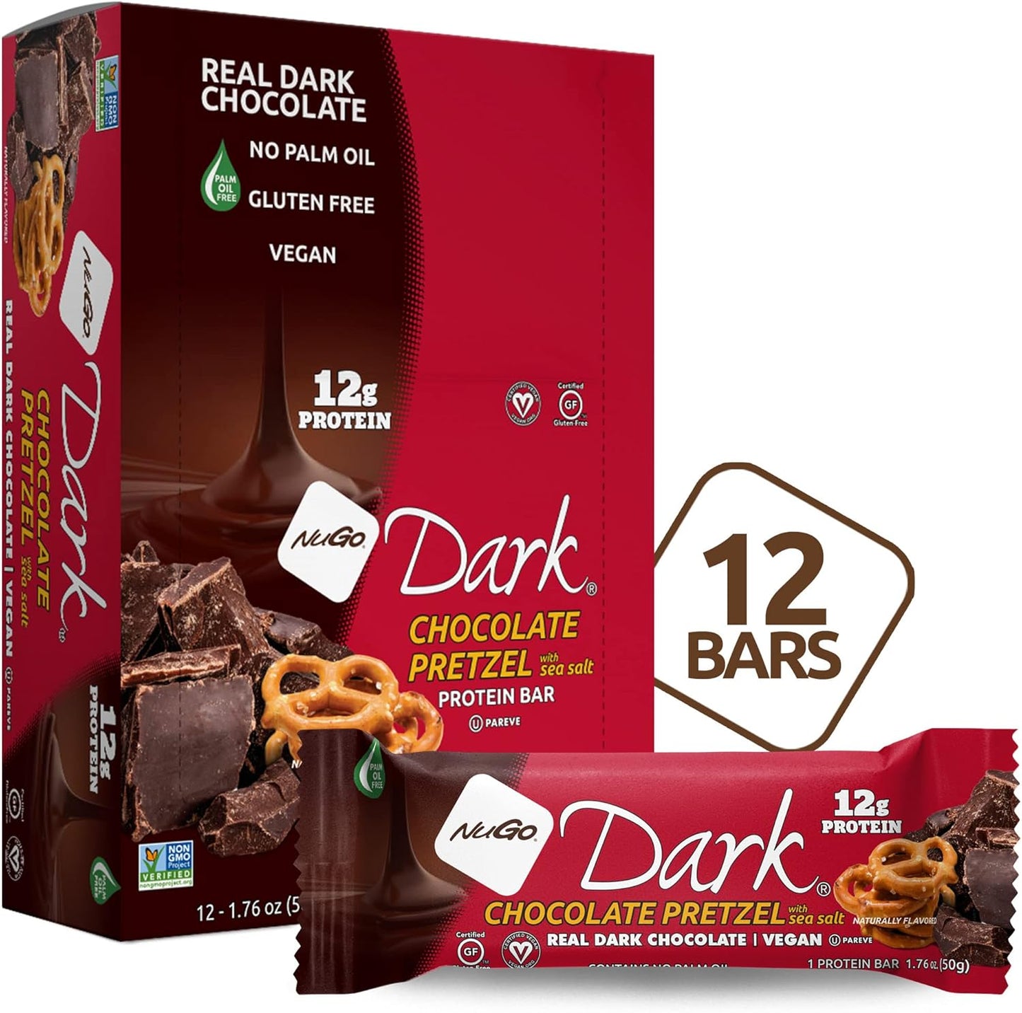 NuGo Dark Chocolate Pretzel Snack Bars with Sea Salt, 12g Vegan Protein, Gluten Free, Kosher Pareve, Non-GMO, 12 Count + NuGo Plant Protein Powder, Chocolate Flavor, 20g Protein, 3g Sugar, 25 Servings