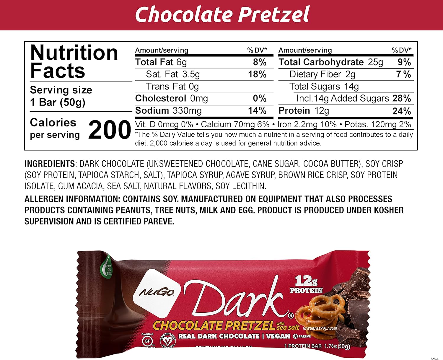 NuGo Dark Chocolate Pretzel Snack Bars with Sea Salt, 12g Vegan Protein, Gluten Free, Kosher Pareve, Non-GMO, 12 Count + NuGo Plant Protein Powder, Chocolate Flavor, 20g Protein, 3g Sugar, 25 Servings