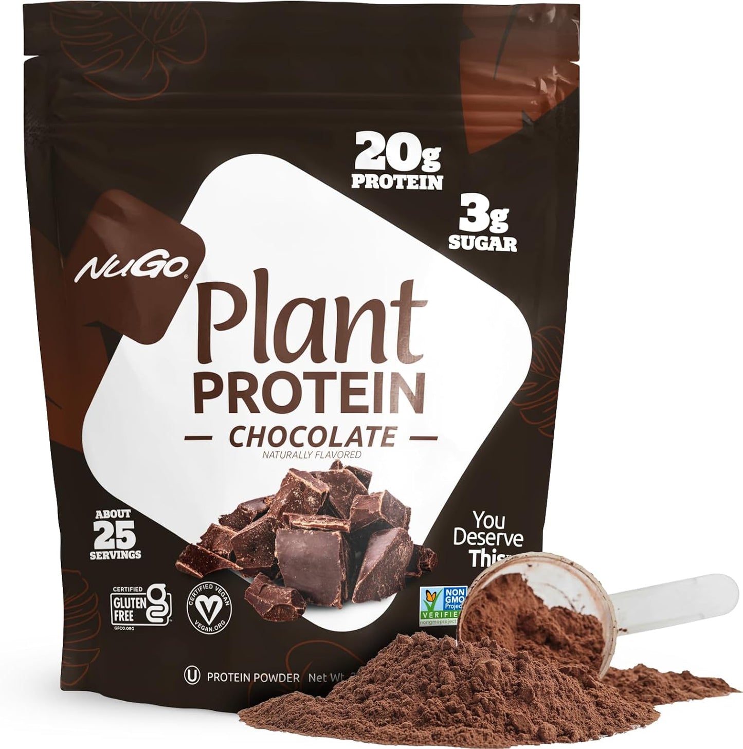 NuGo Dark Chocolate Pretzel Snack Bars with Sea Salt, 12g Vegan Protein, Gluten Free, Kosher Pareve, Non-GMO, 12 Count + NuGo Plant Protein Powder, Chocolate Flavor, 20g Protein, 3g Sugar, 25 Servings
