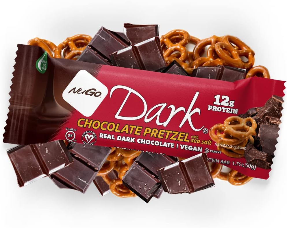 NuGo Dark Chocolate Pretzel Snack Bars with Sea Salt, 12g Vegan Protein, Gluten Free, Kosher Pareve, Non-GMO, 12 Count + NuGo Plant Protein Powder, Chocolate Flavor, 20g Protein, 3g Sugar, 25 Servings