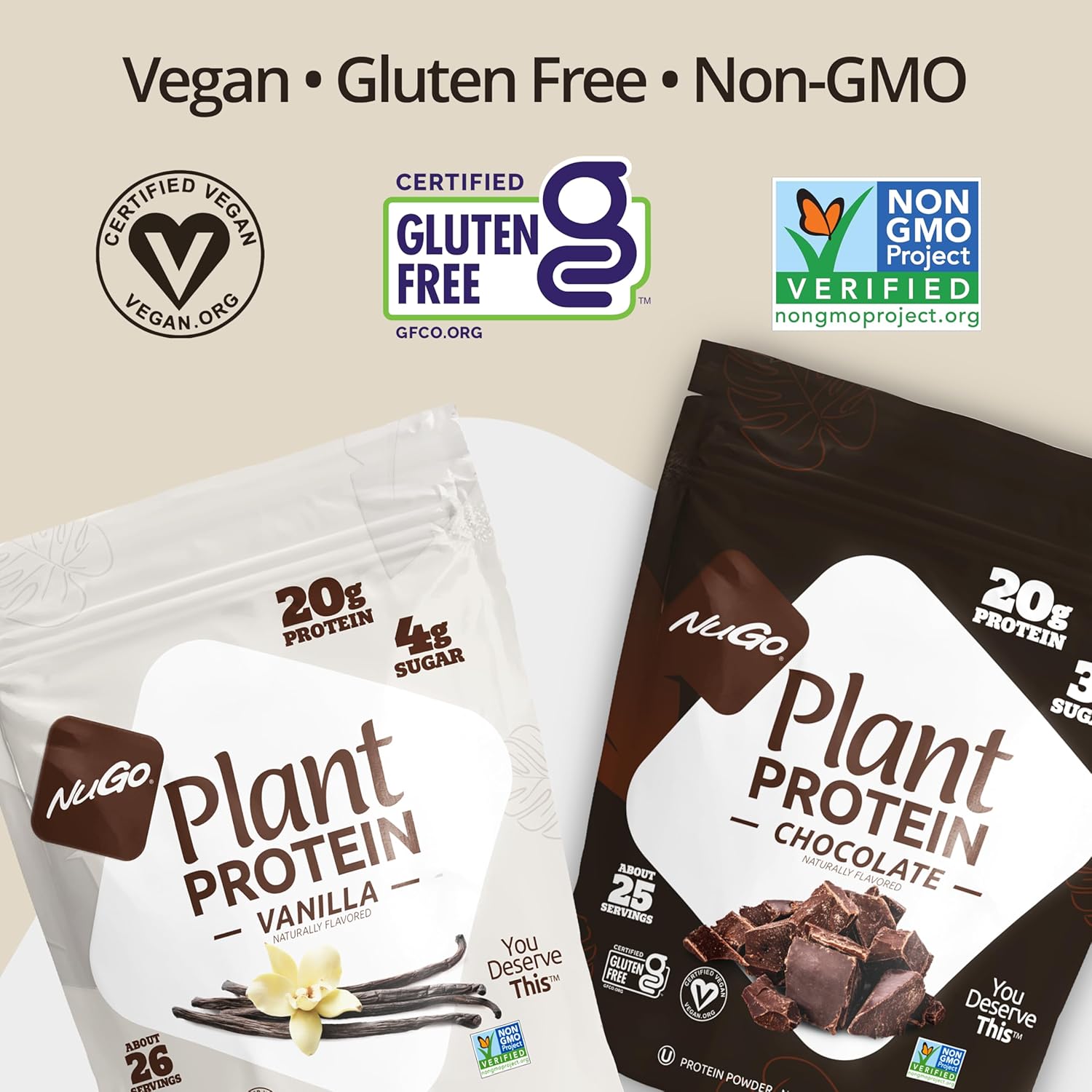 NuGo Dark Chocolate Pretzel Snack Bars with Sea Salt, 12g Vegan Protein, Gluten Free, Kosher Pareve, Non-GMO, 12 Count + NuGo Plant Protein Powder, Chocolate Flavor, 20g Protein, 3g Sugar, 25 Servings