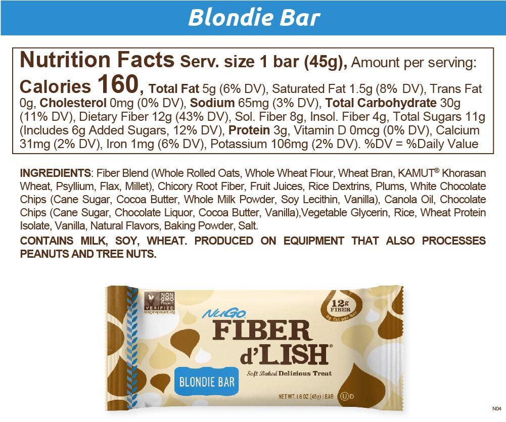 NuGo Fiber d'Lish Blondie Bars - 12g High Fiber, 160 Calories, 16 Pack