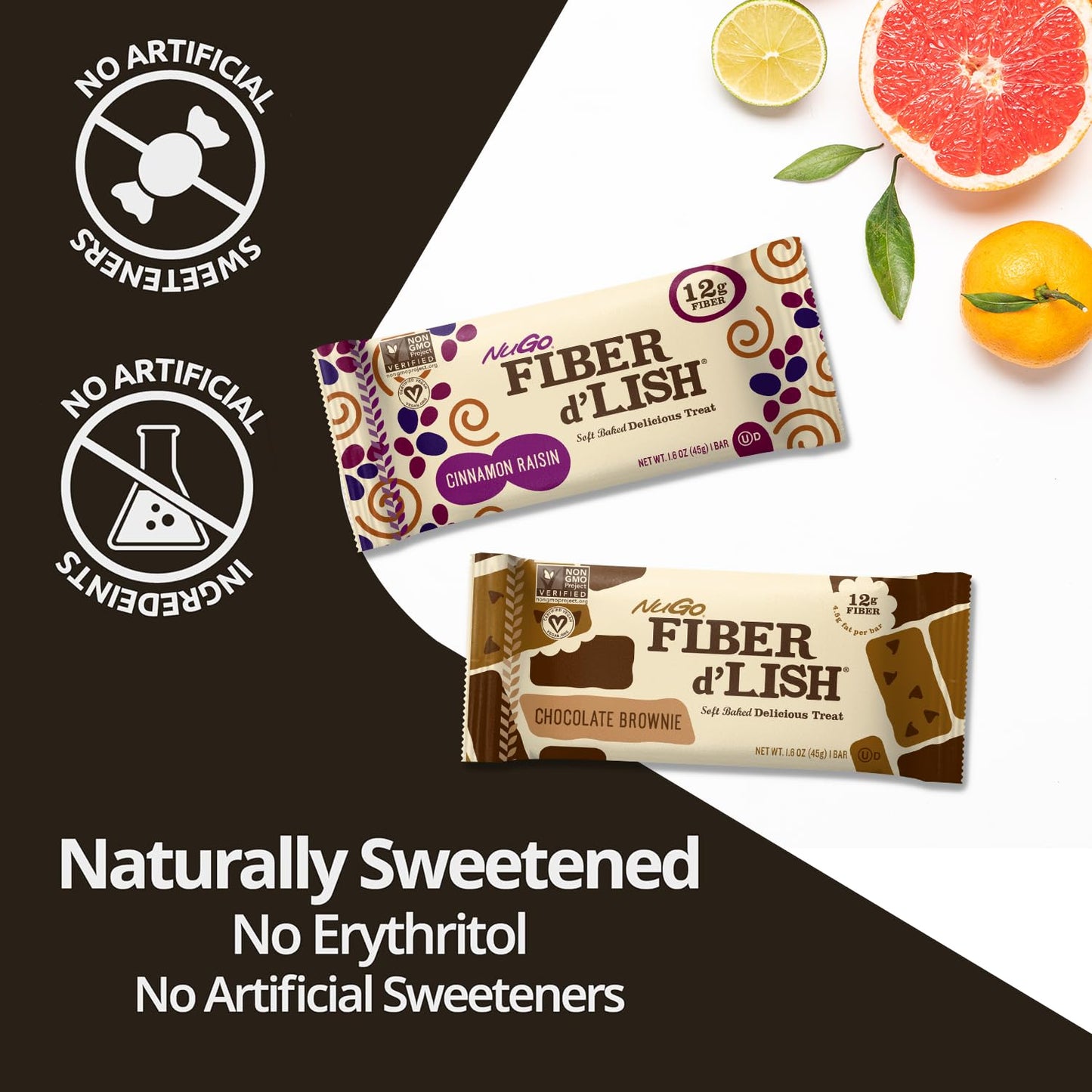 NuGo Fiber d'Lish Chocolate Brownie Bars - High Fiber, Vegan, 150 Calories, Pack of 16