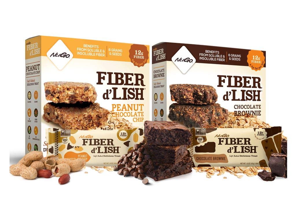 NuGo Fiber D'lish Chocolate Brownie & Peanut Chocolate Chip Bars - High Fiber, Vegan, 5 Bars x 10 Count