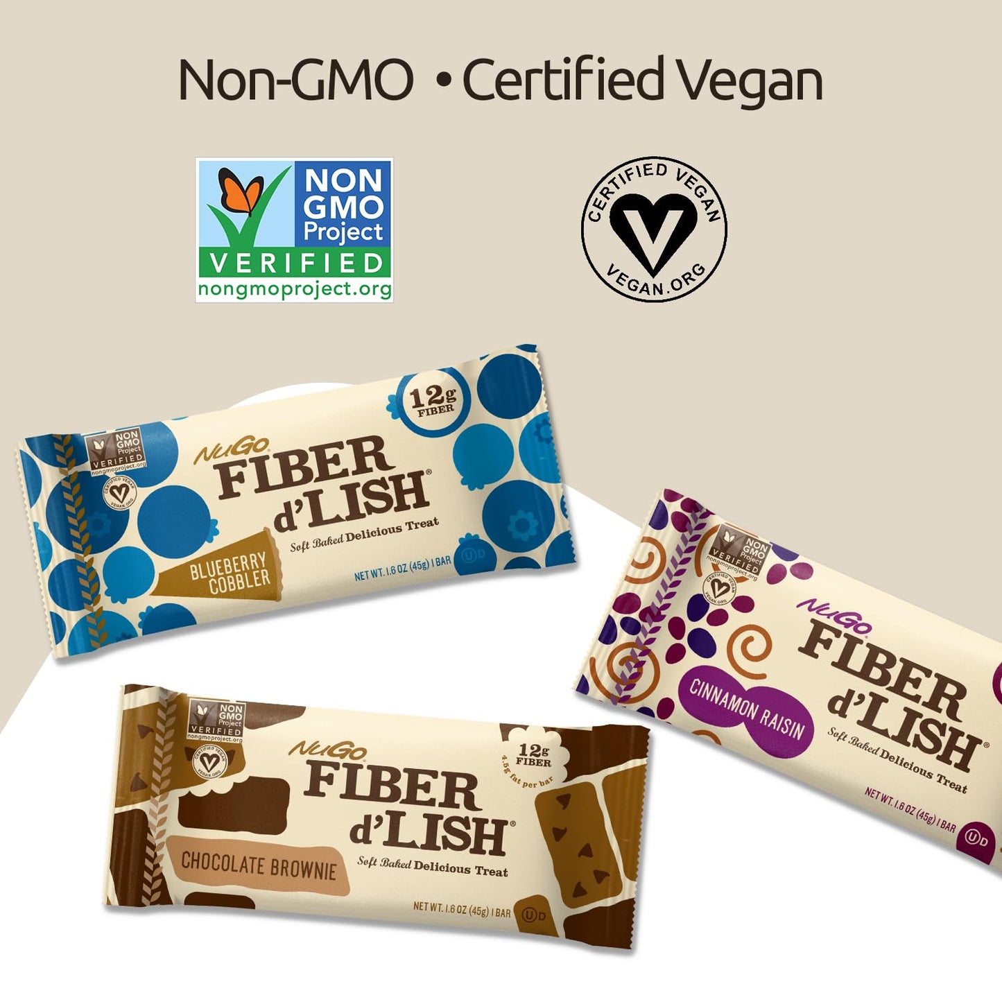 NuGo Fiber D'lish Chocolate Brownie & Peanut Chocolate Chip Bars - High Fiber, Vegan, 5 Bars x 10 Count