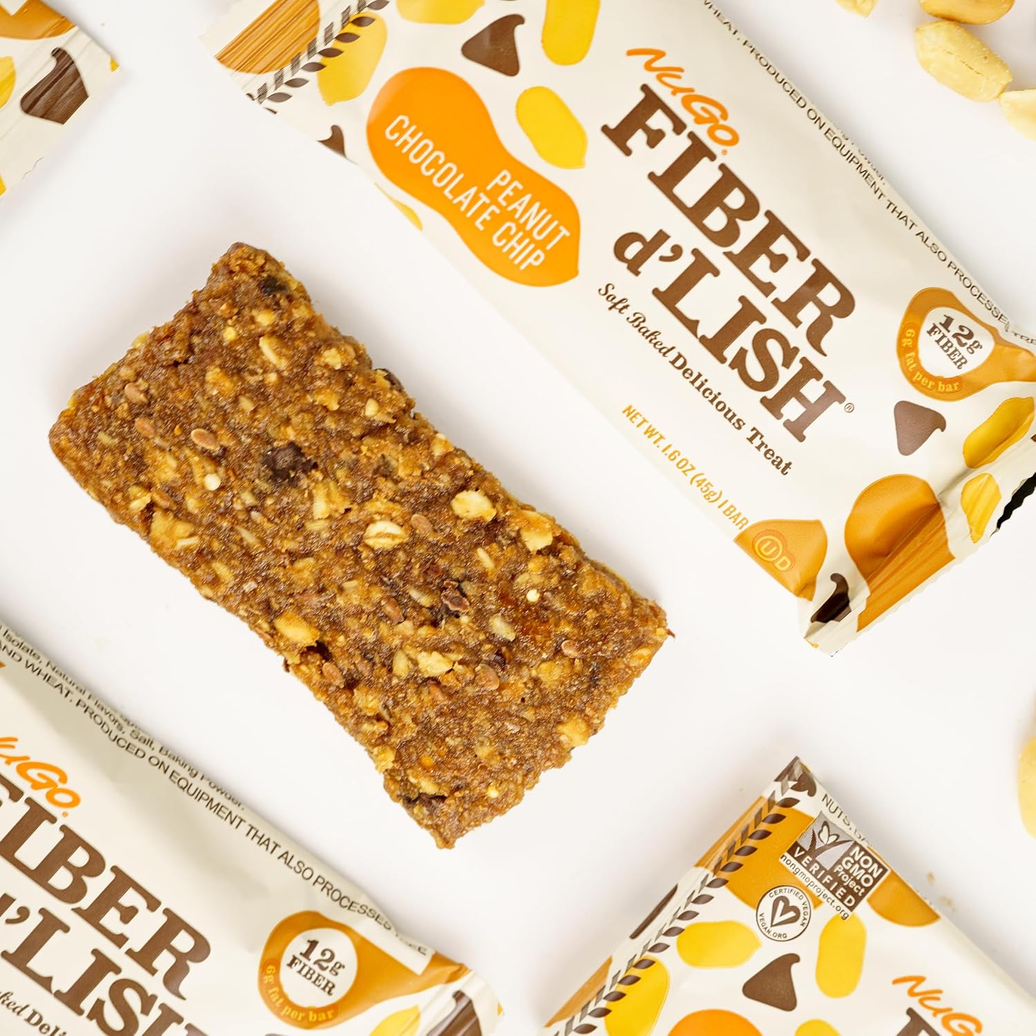 NuGo Fiber D'lish Chocolate Brownie & Peanut Chocolate Chip Bars - High Fiber, Vegan, 5 Bars x 10 Count