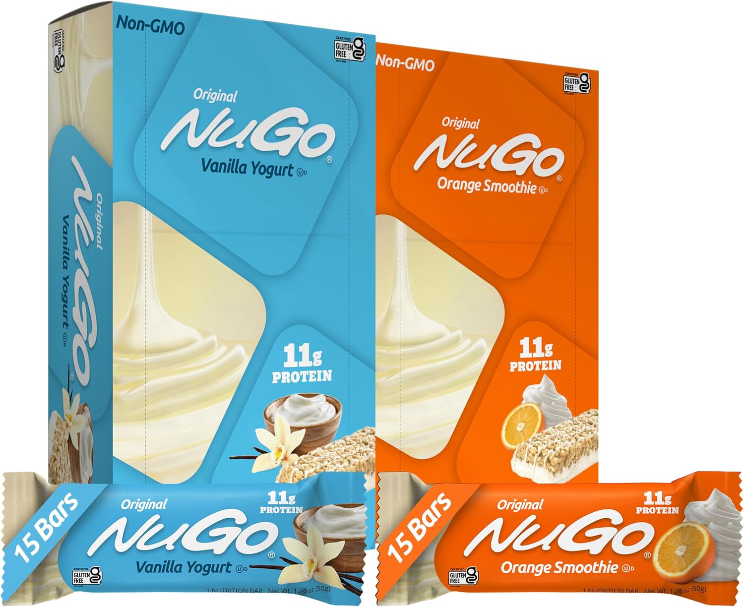 NuGo Original Variety Pack - 30 Bars, 15 Vanilla Yogurt & 15 Orange Smoothie, 11g Protein, Gluten-Free