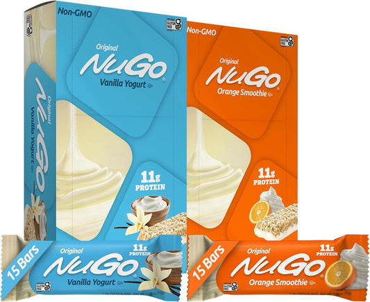 NuGo Original Variety Pack - 30 Bars, 15 Vanilla Yogurt & 15 Orange Smoothie, 11g Protein, Gluten-Free