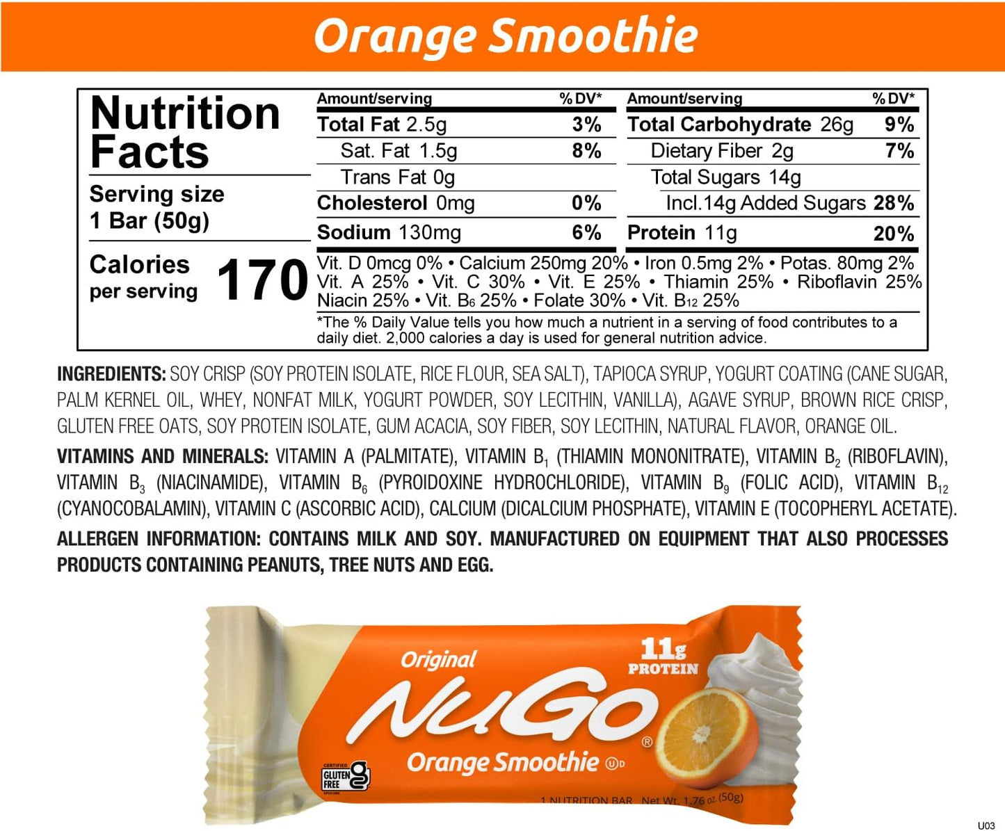 NuGo Original Variety Pack - 30 Bars, 15 Vanilla Yogurt & 15 Orange Smoothie, 11g Protein, Gluten-Free