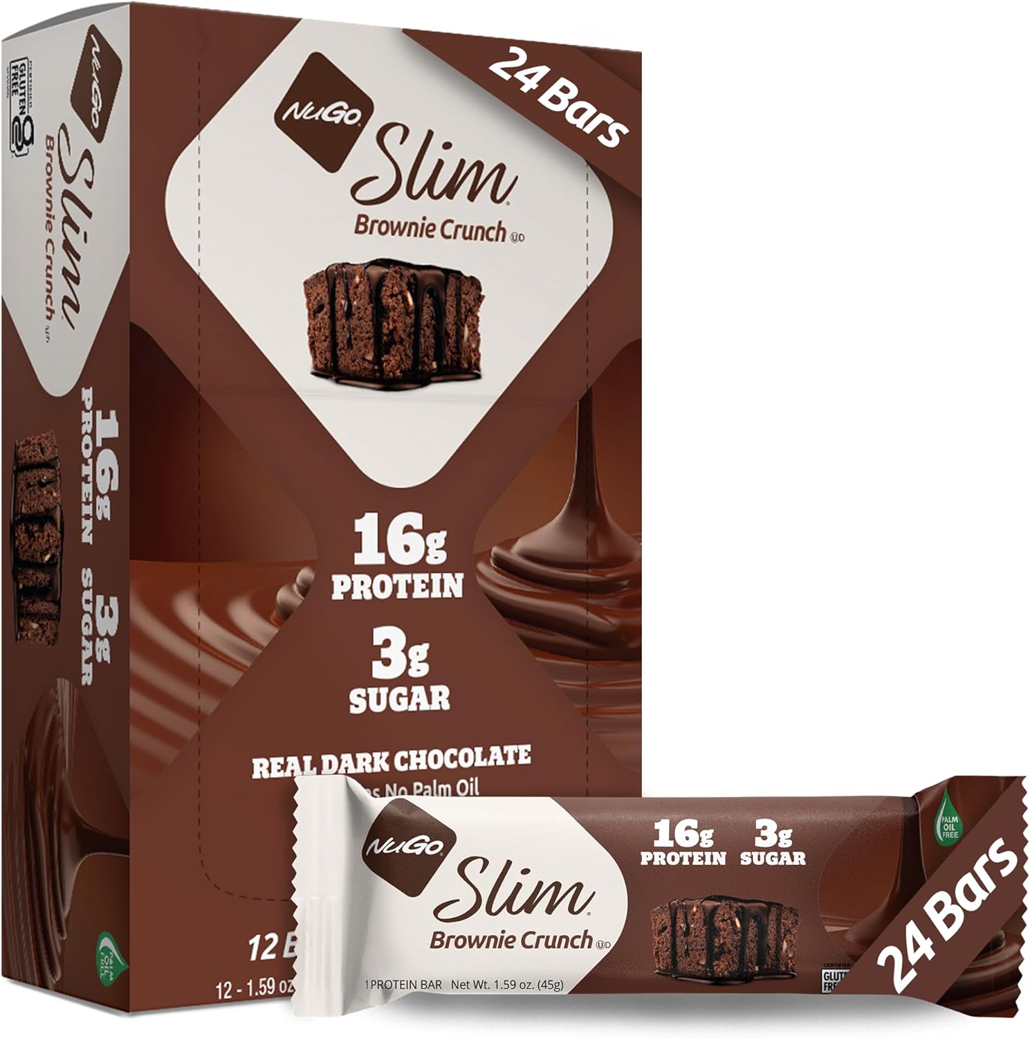 Nugo Slim Dark Chocolate Brownie Crunch Bars - High Protein, Low Sugar, Keto Friendly - 24 Pack