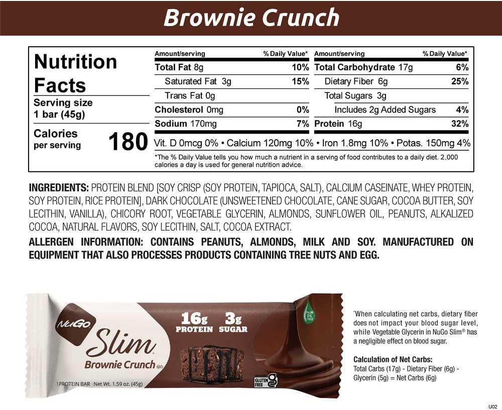 NuGo Slim Dark Chocolate Brownie Crunch Protein Bars - Gluten Free, Non-GMO, Keto Friendly - 12 Count