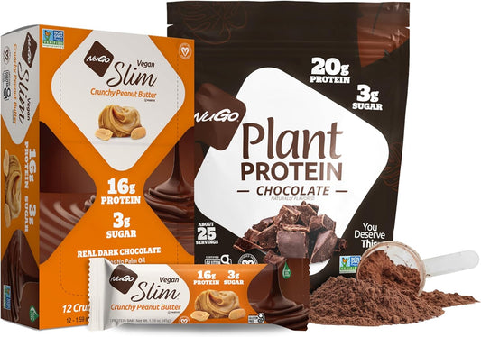 NuGo Slim Dark Chocolate Crunchy Peanut Butter Bars - 17g Vegan Protein, 3g Sugar, 12 Count + NuGo Plant Protein Powder - 20g Protein, 3g Sugar, 25 Servings