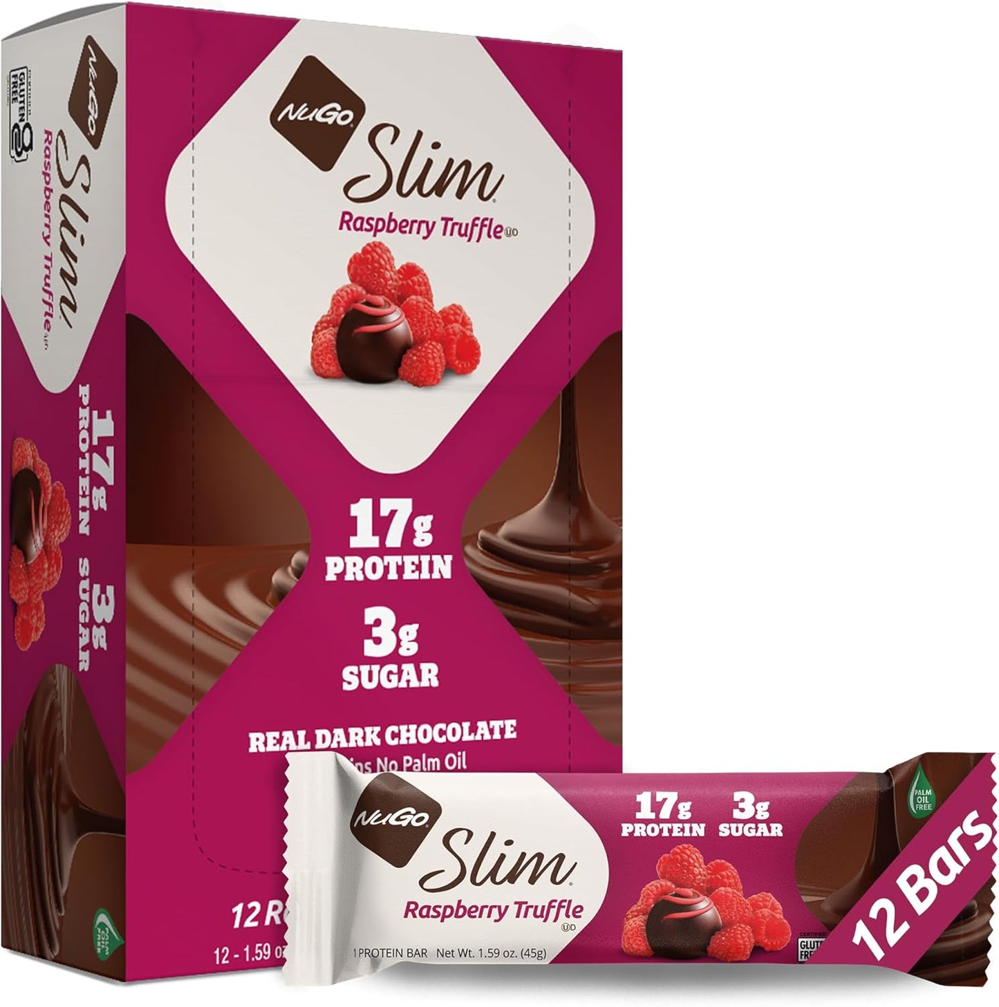 NuGo Slim Dark Chocolate Raspberry Truffle Protein Bars - Gluten Free, Non-GMO, Kosher, Keto Friendly, Low Carb - 12 Pack