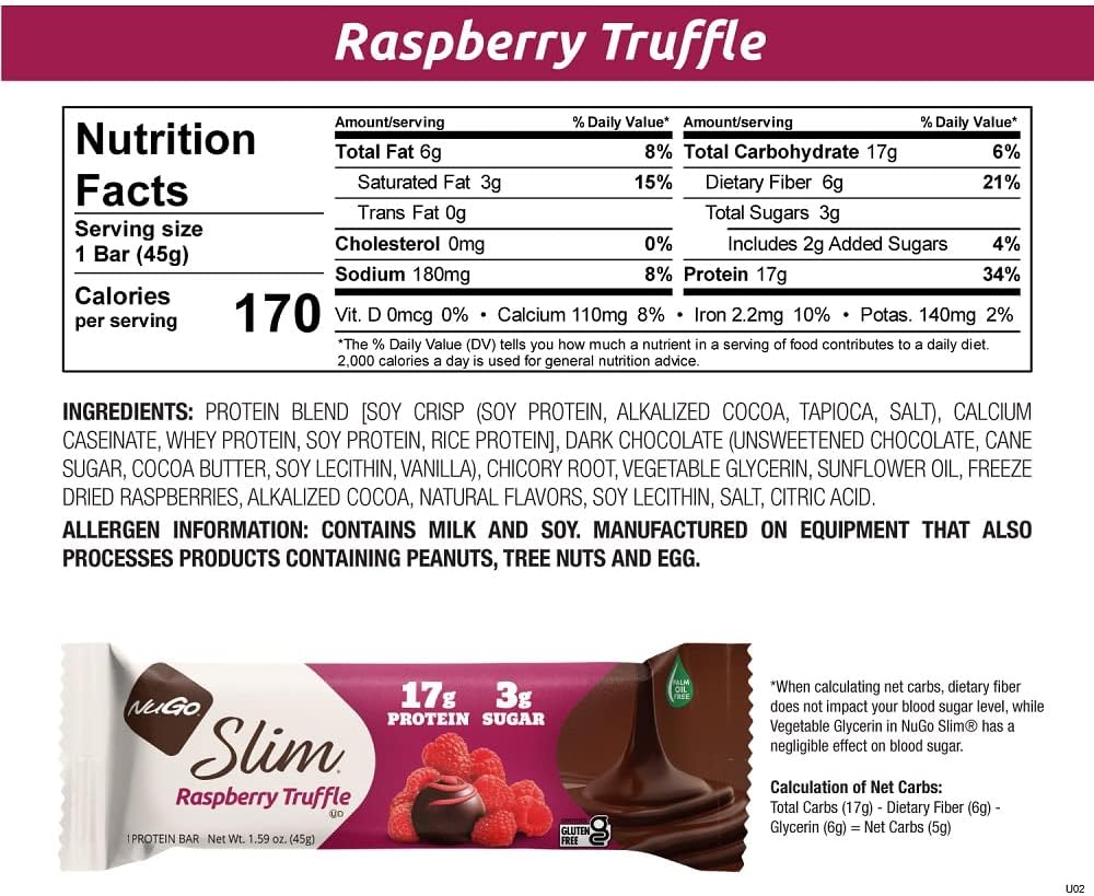 NuGo Slim Dark Chocolate Raspberry Truffle Protein Bars - Gluten Free, Non-GMO, Kosher, Keto Friendly, Low Carb - 12 Pack