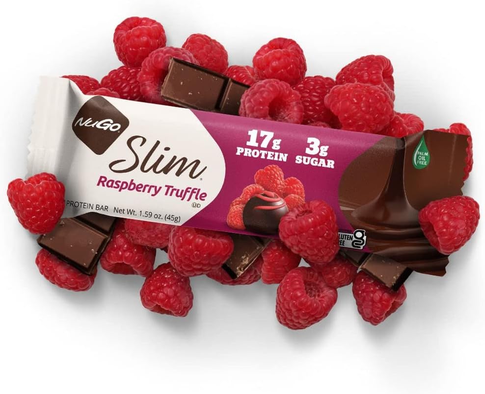 NuGo Slim Dark Chocolate Raspberry Truffle Protein Bars - Gluten Free, Non-GMO, Kosher, Keto Friendly, Low Carb - 12 Pack