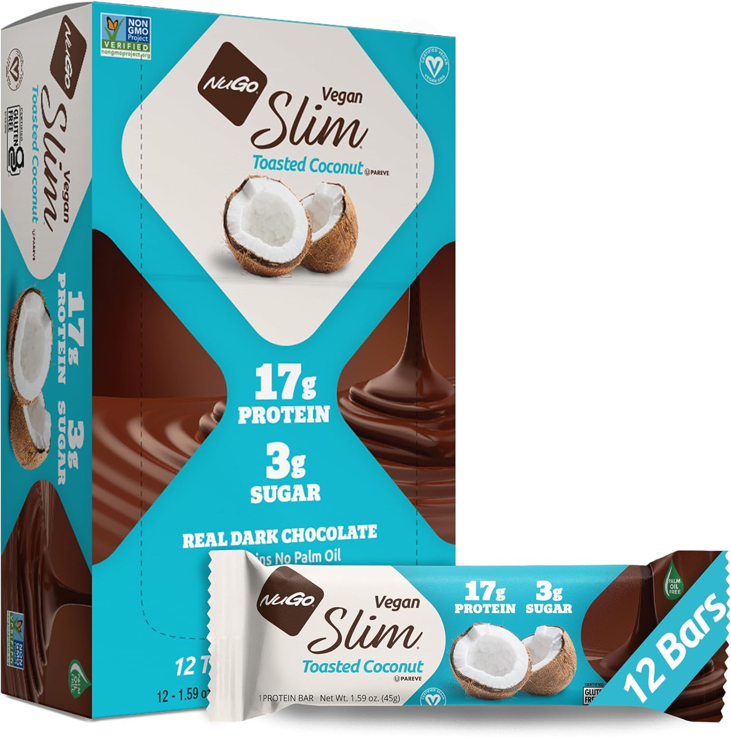 NuGo Slim Dark Chocolate Toasted Coconut Bars - High Protein, Low Sugar, Keto Friendly, Gluten Free - Pack of 12