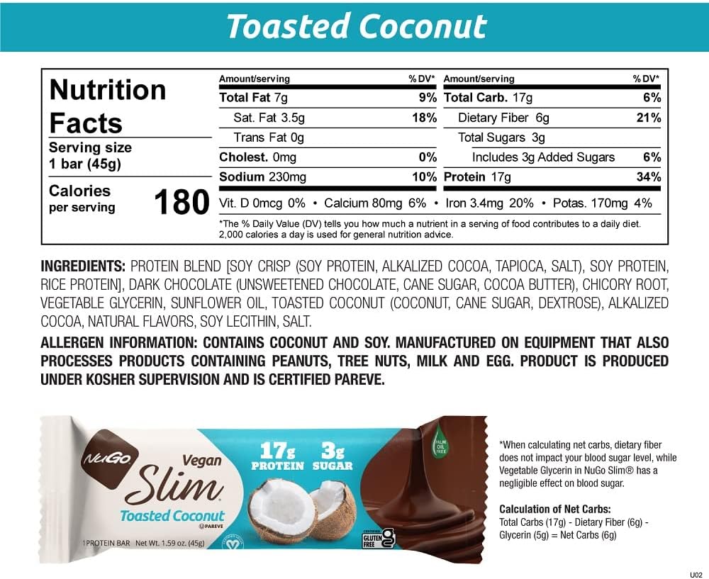 NuGo Slim Dark Chocolate Toasted Coconut Bars - High Protein, Low Sugar, Keto Friendly, Gluten Free - Pack of 12