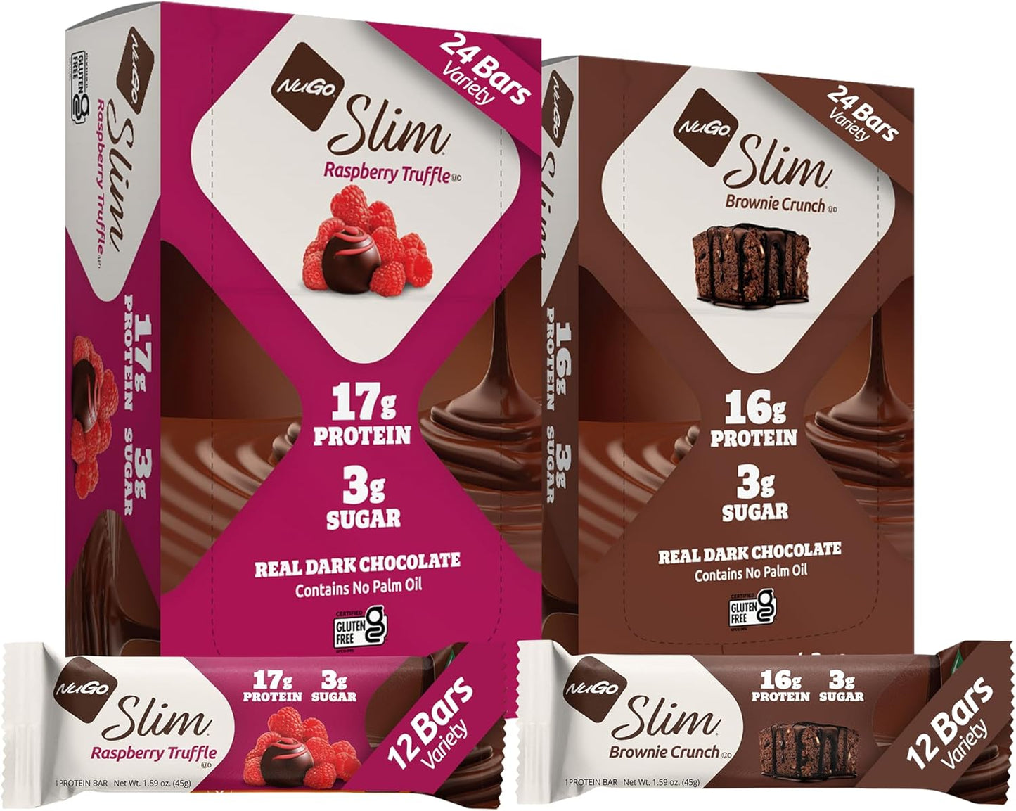 NuGo Slim Variety Pack - Brownie Crunch & Raspberry Truffle, Low Net Carb, Keto & Gluten Free, 24 Bars