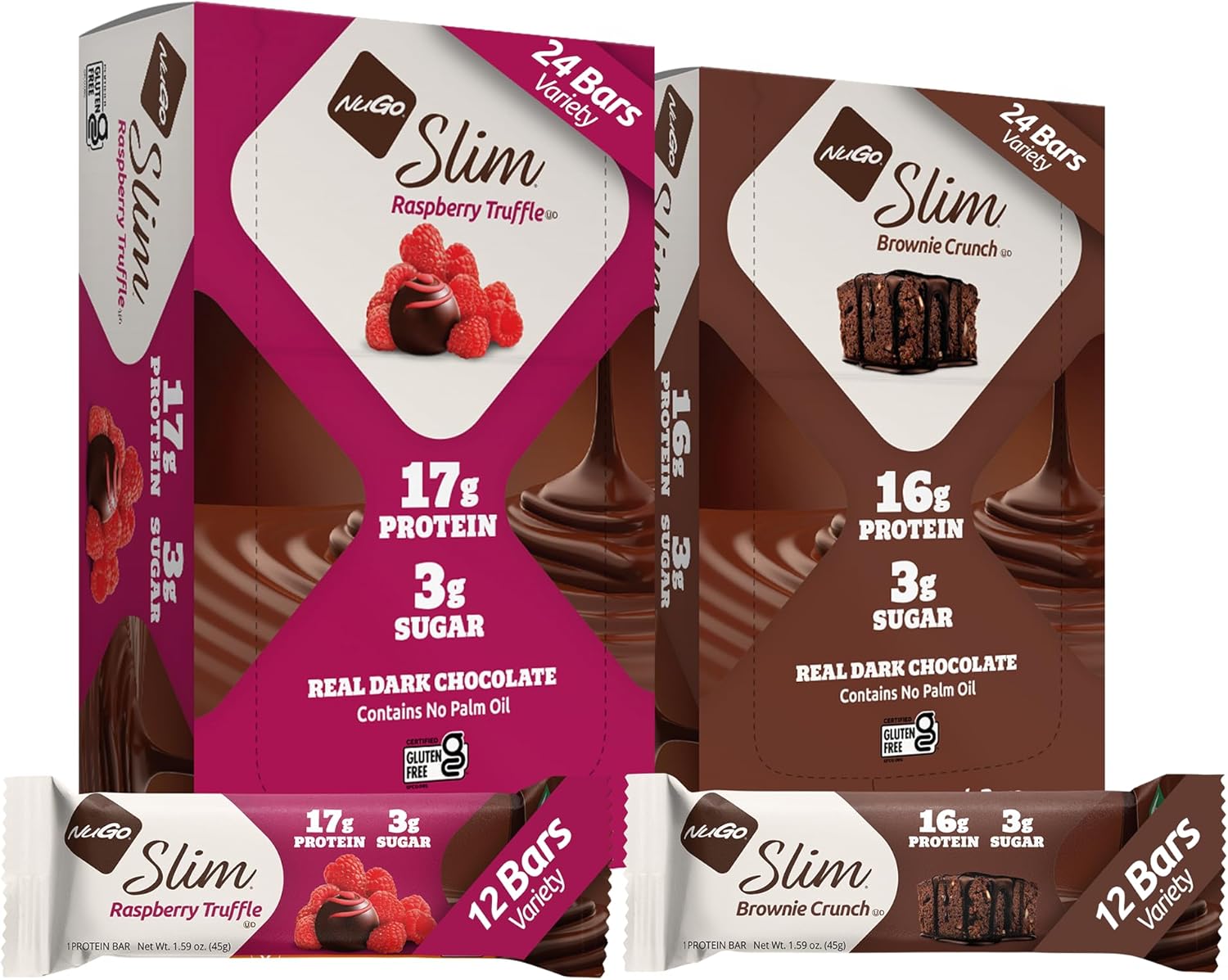 NuGo Slim Variety Pack - Brownie Crunch & Raspberry Truffle, Low Net Carb, Keto & Gluten Free, 24 Bars