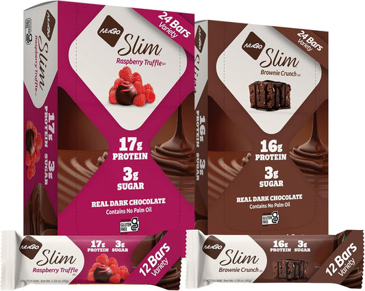 NuGo Slim Variety Pack - Brownie Crunch & Raspberry Truffle, Low Net Carb, Keto & Gluten Free, 24 Bars