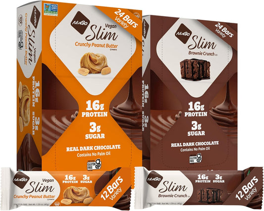 NuGo Slim Variety Pack - Crunchy Peanut Butter and Brownie Crunch, 24 Bars, 16g Protein, Keto & Gluten Free