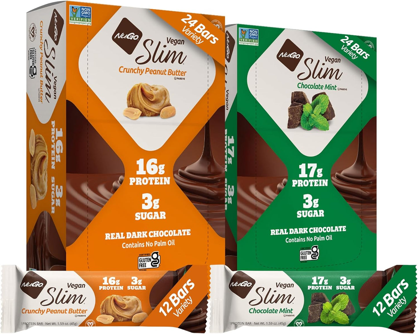 NuGo Slim Vegan Variety Pack - Crunchy Peanut Butter & Chocolate Mint Bars, Low Net Carb, Keto Friendly, 16-17g Plant Based Protein, Gluten Free, 24 Count
