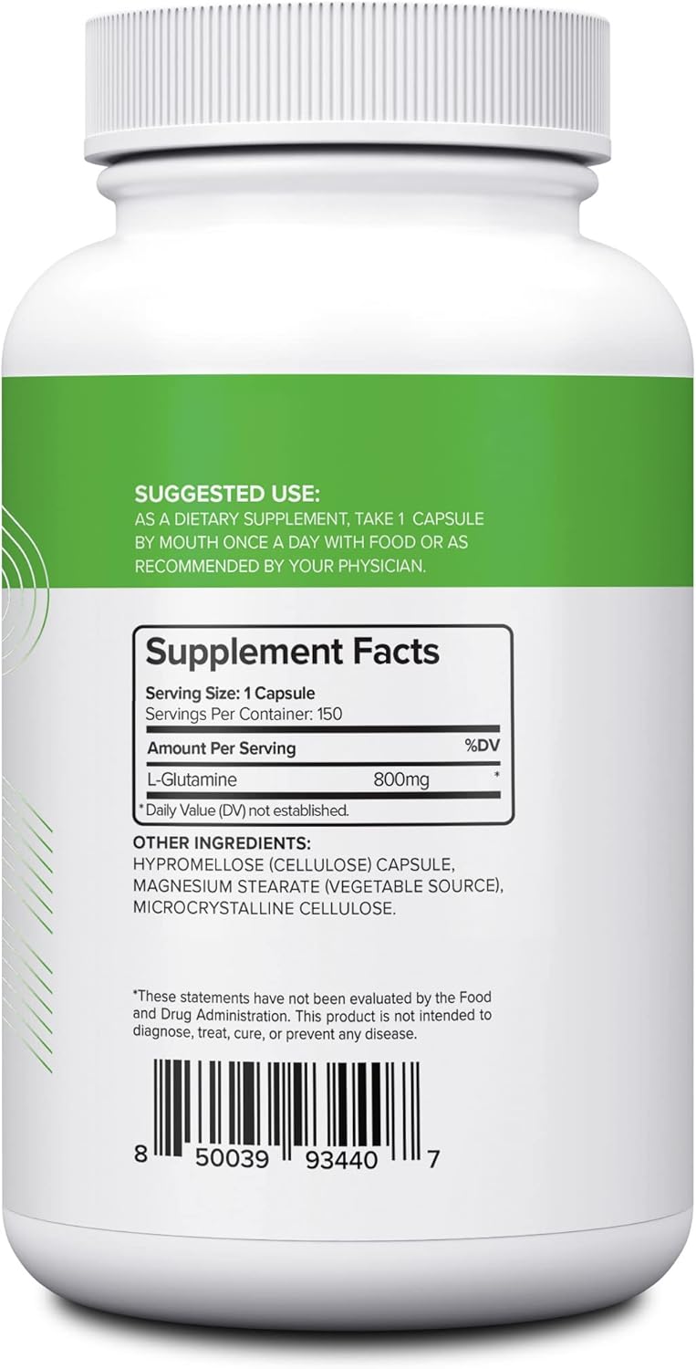 NUI NUTRA L-Glutamine Capsules: 800mg Per Serving, 150 Capsules - Promotes Muscle Recovery