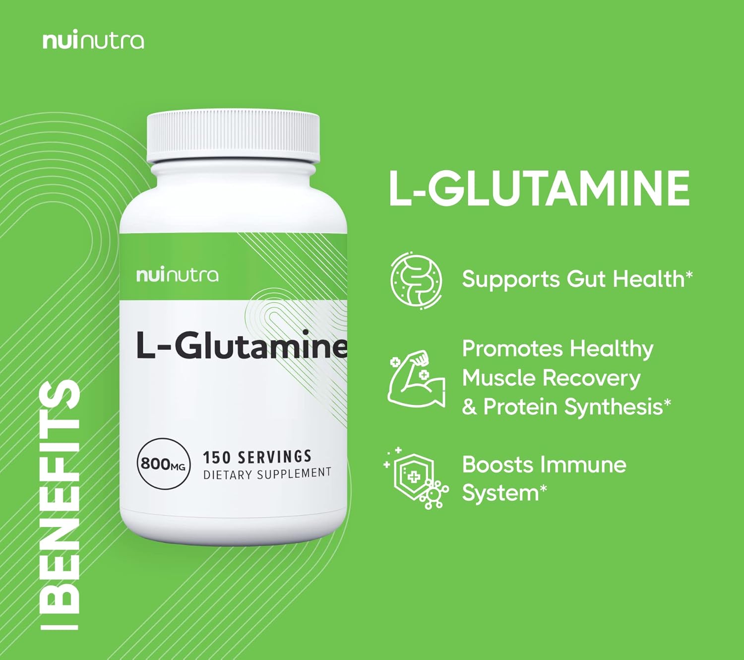 NUI NUTRA L-Glutamine Capsules: 800mg Per Serving, 150 Capsules - Promotes Muscle Recovery