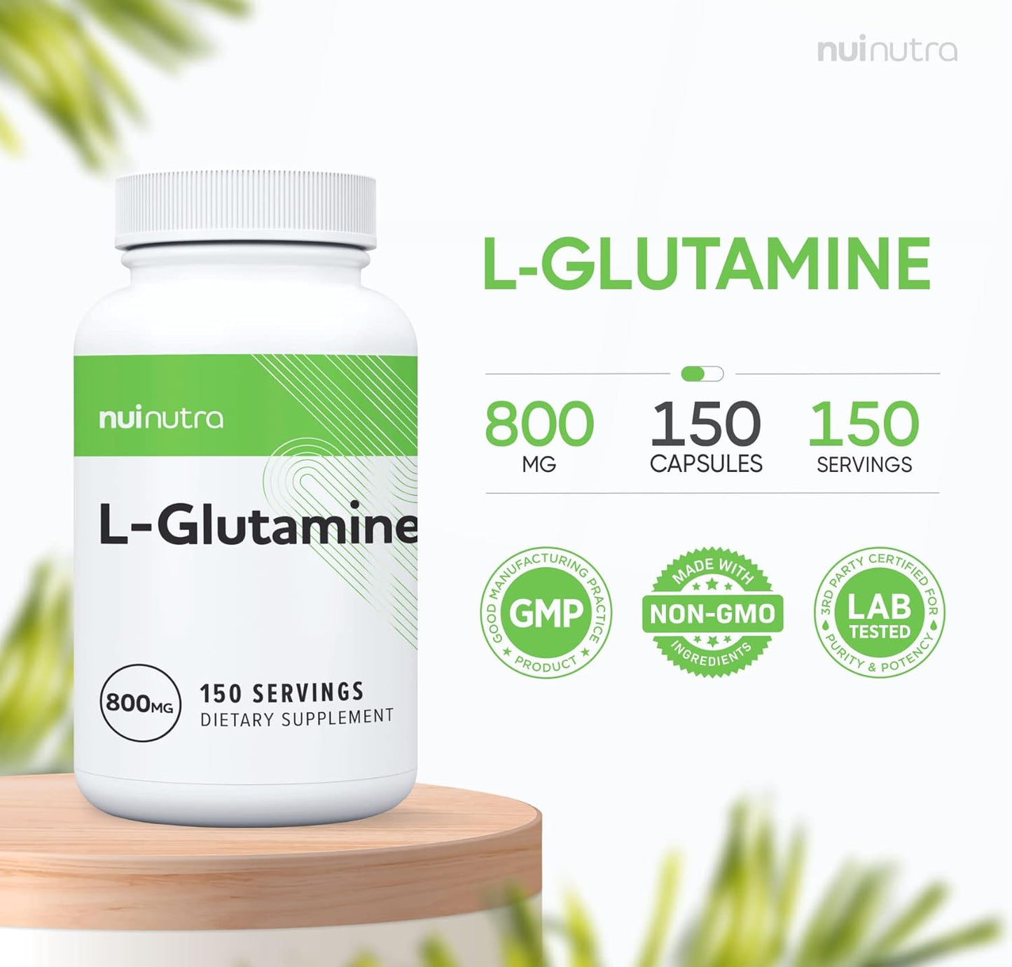 NUI NUTRA L-Glutamine Capsules: 800mg Per Serving, 150 Capsules - Promotes Muscle Recovery
