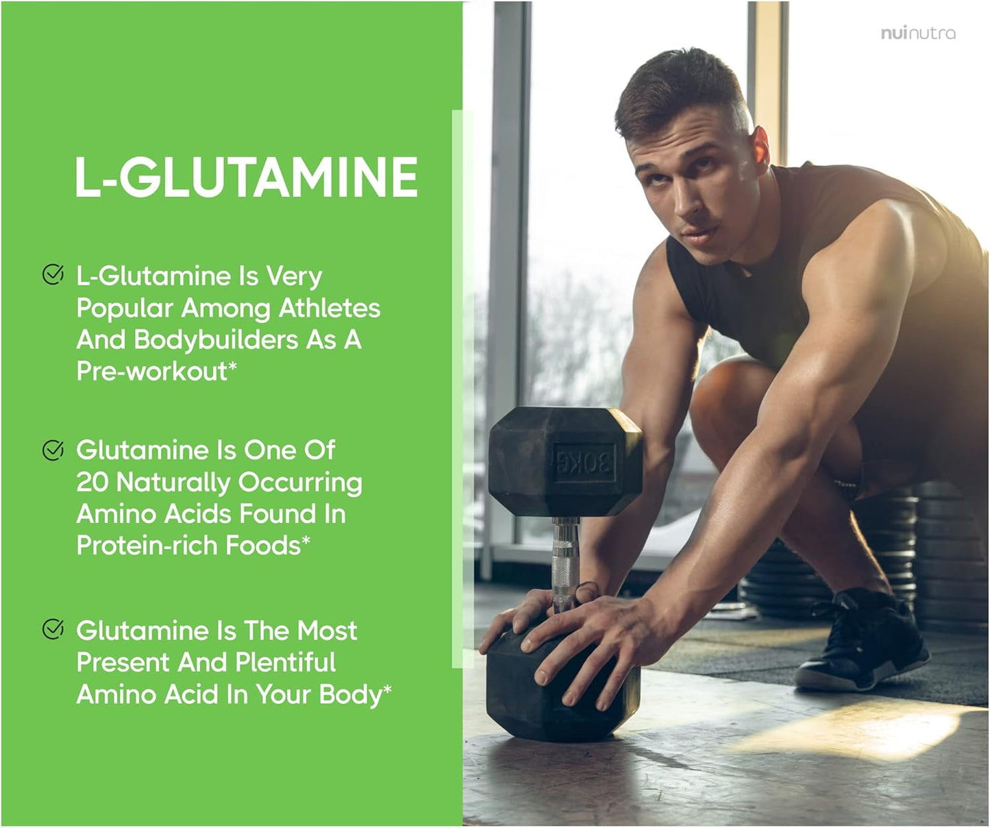 NUI NUTRA L-Glutamine Capsules: 800mg Per Serving, 150 Capsules - Promotes Muscle Recovery