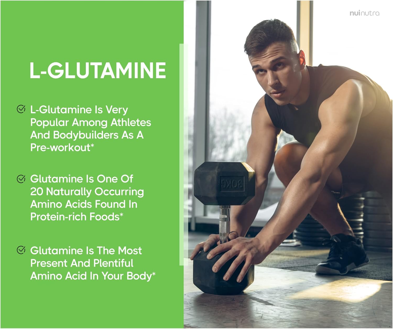 NUI NUTRA L-Glutamine Capsules: 800mg Per Serving, 150 Capsules - Promotes Muscle Recovery