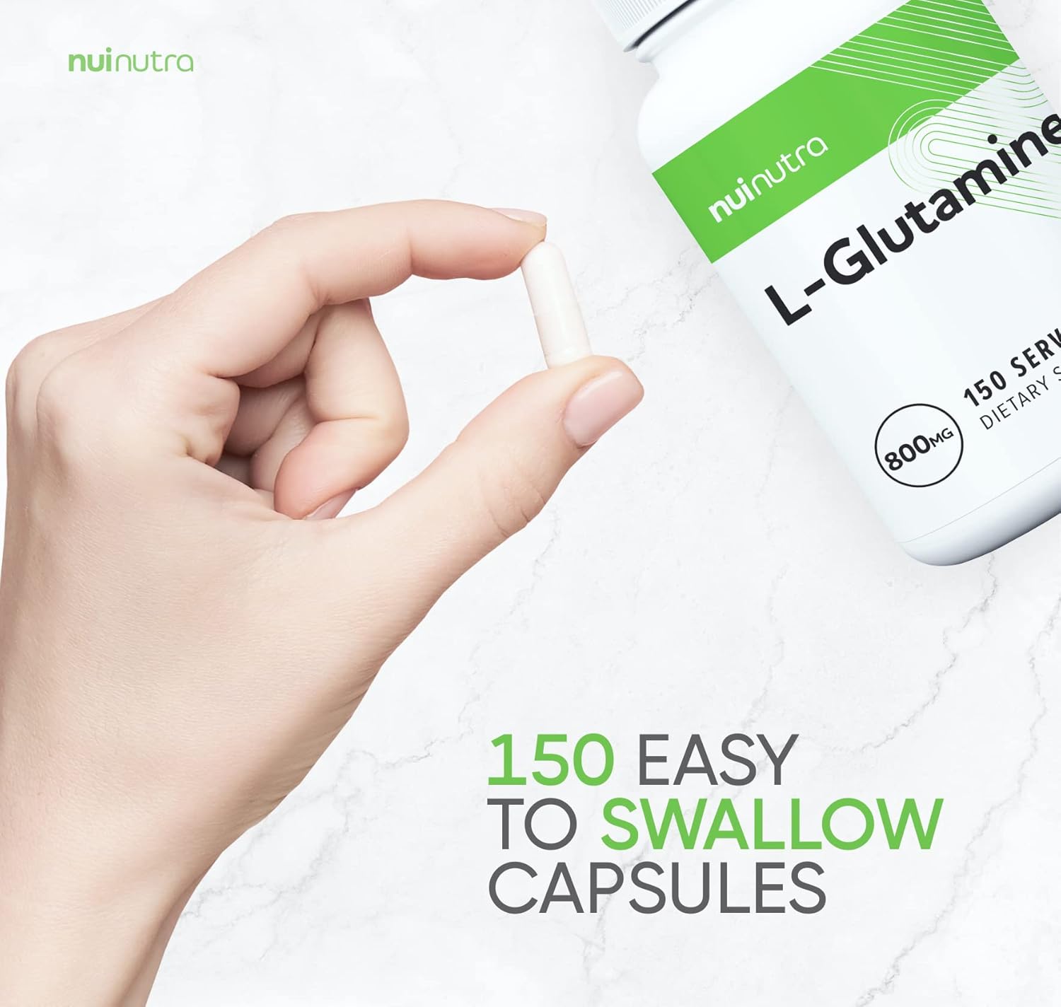 NUI NUTRA L-Glutamine Capsules: 800mg Per Serving, 150 Capsules - Promotes Muscle Recovery