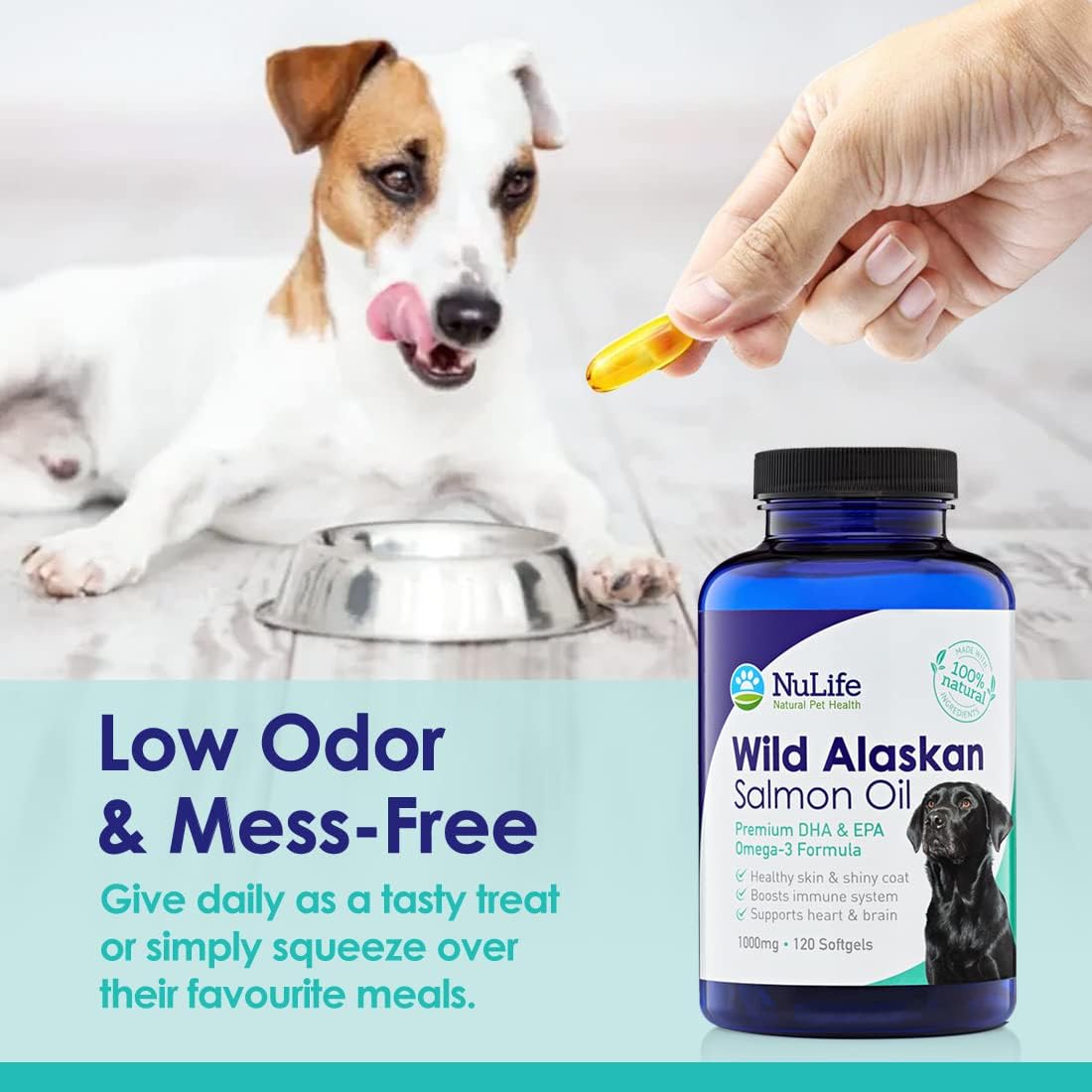 NuLife Natural Pet Health Wild Alaskan Salmon Oil for Dogs, Omega 3 Fish Supplement, Healthy Skin & Coat, Prevents Itchy Skin & Allergies, 120 Capsules