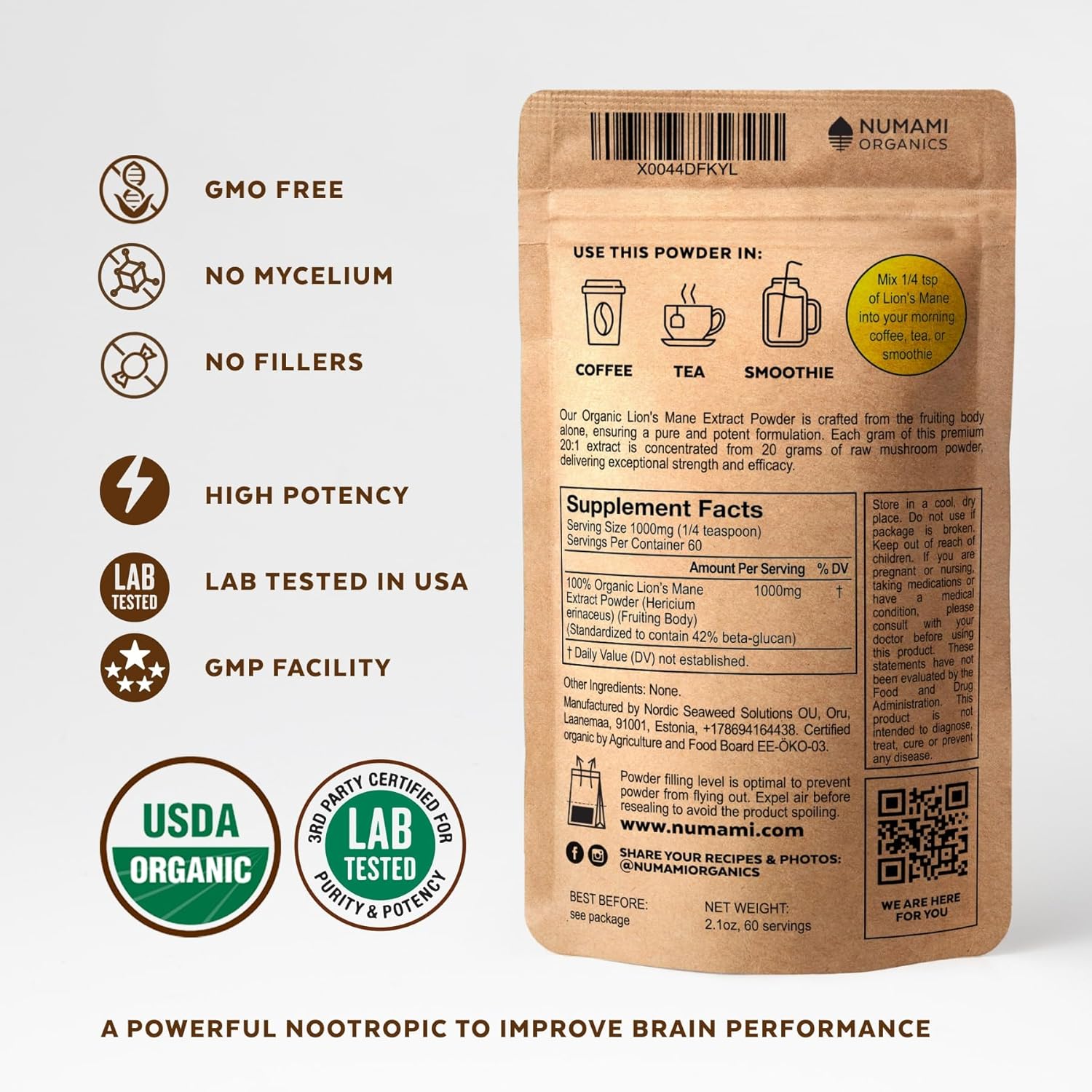 Numami Organic Lions Mane Mushroom Extract Powder | Double Extraction for High Potency 42.2% Beta Glucan | Enhance Cognitive Function Easily in Tea, Coffee, or Smoothies - BoostGo Australia