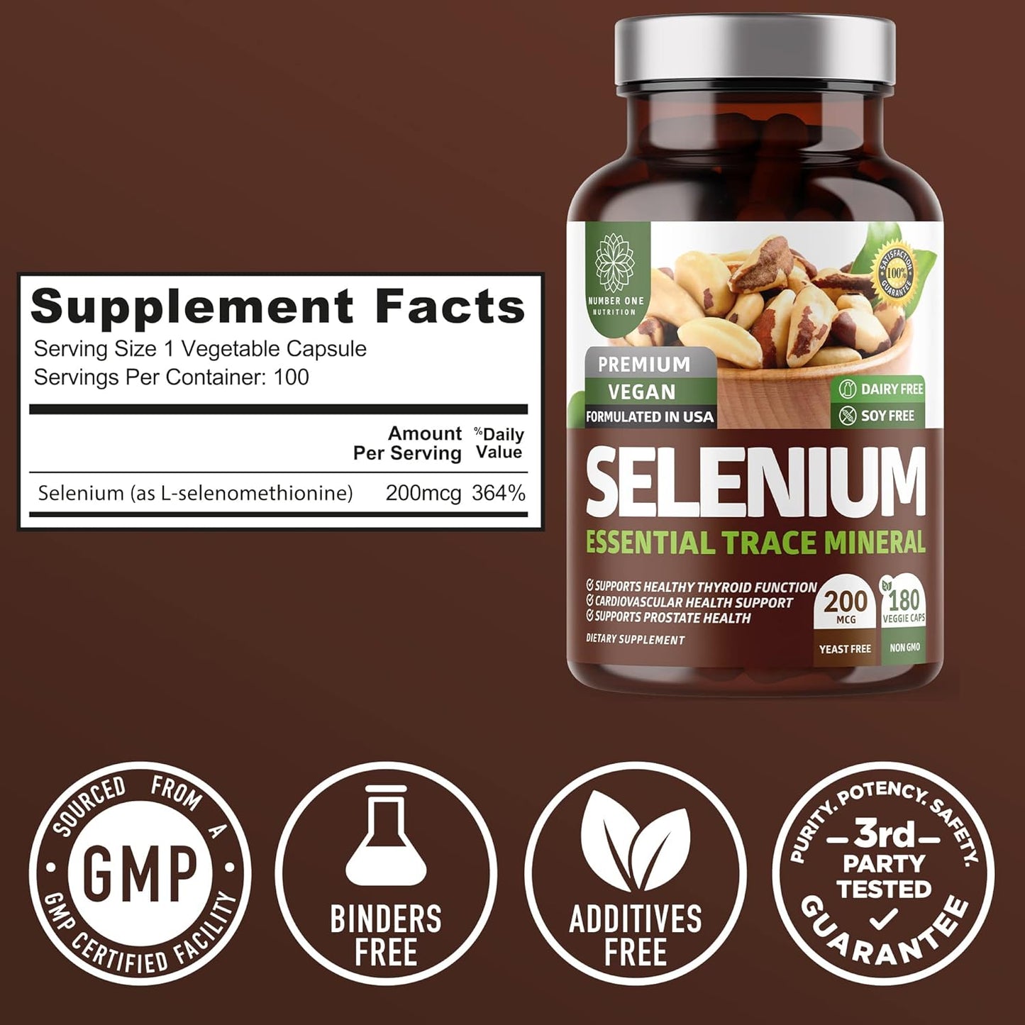 Number One Nutrition 2-Pack N1N Premium Pure Selenium [Max Absorption, 200MCG] to Support Immunity, Heart, Thyroid and Prostate Health, 360 Veg Caps