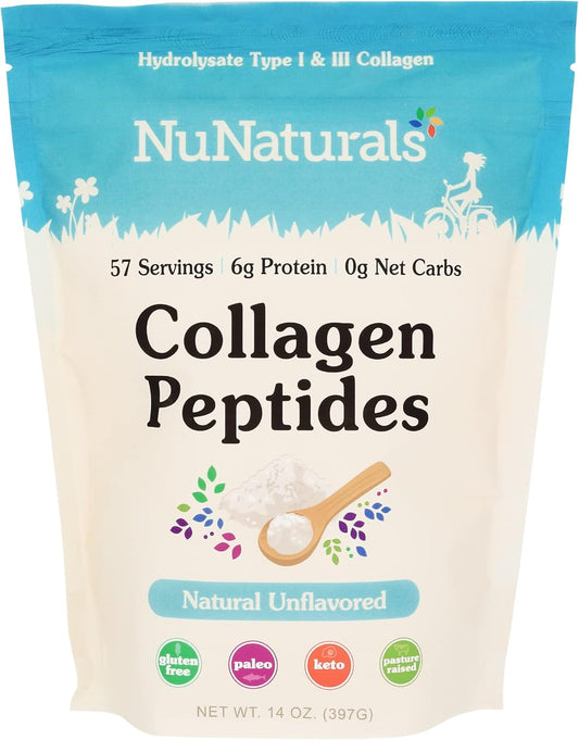 NuNaturals Collagen Peptides Powder 14 oz for Skin, Hair, Nails, Joints - Type I, III