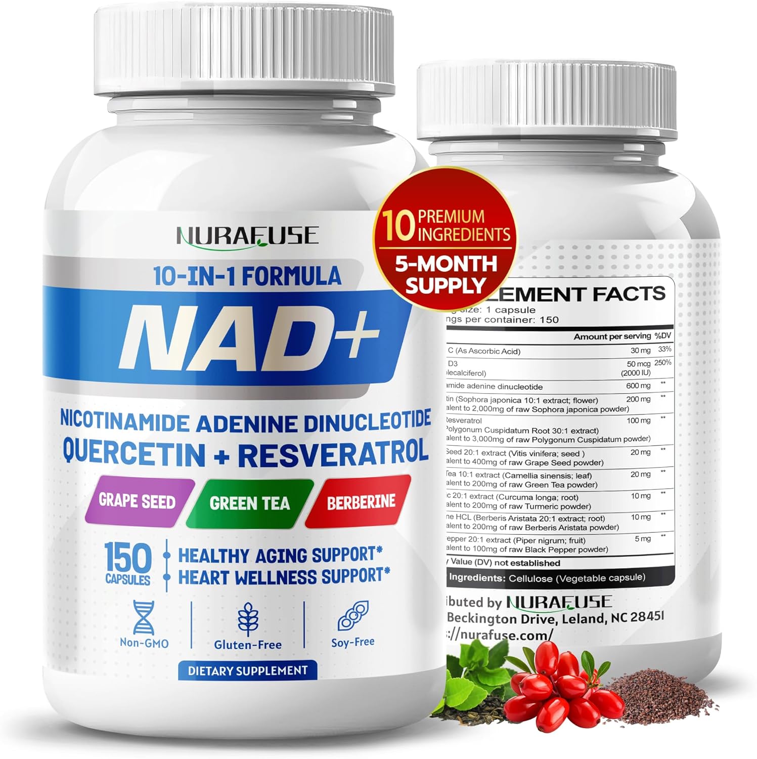 NURAFUSE NAD+ 10-in-1 Formula with NR, Quercetin, Resveratrol, Grape Seed, Berberine - Non-GMO, Gluten-Free, Soy-Free-Made in USA