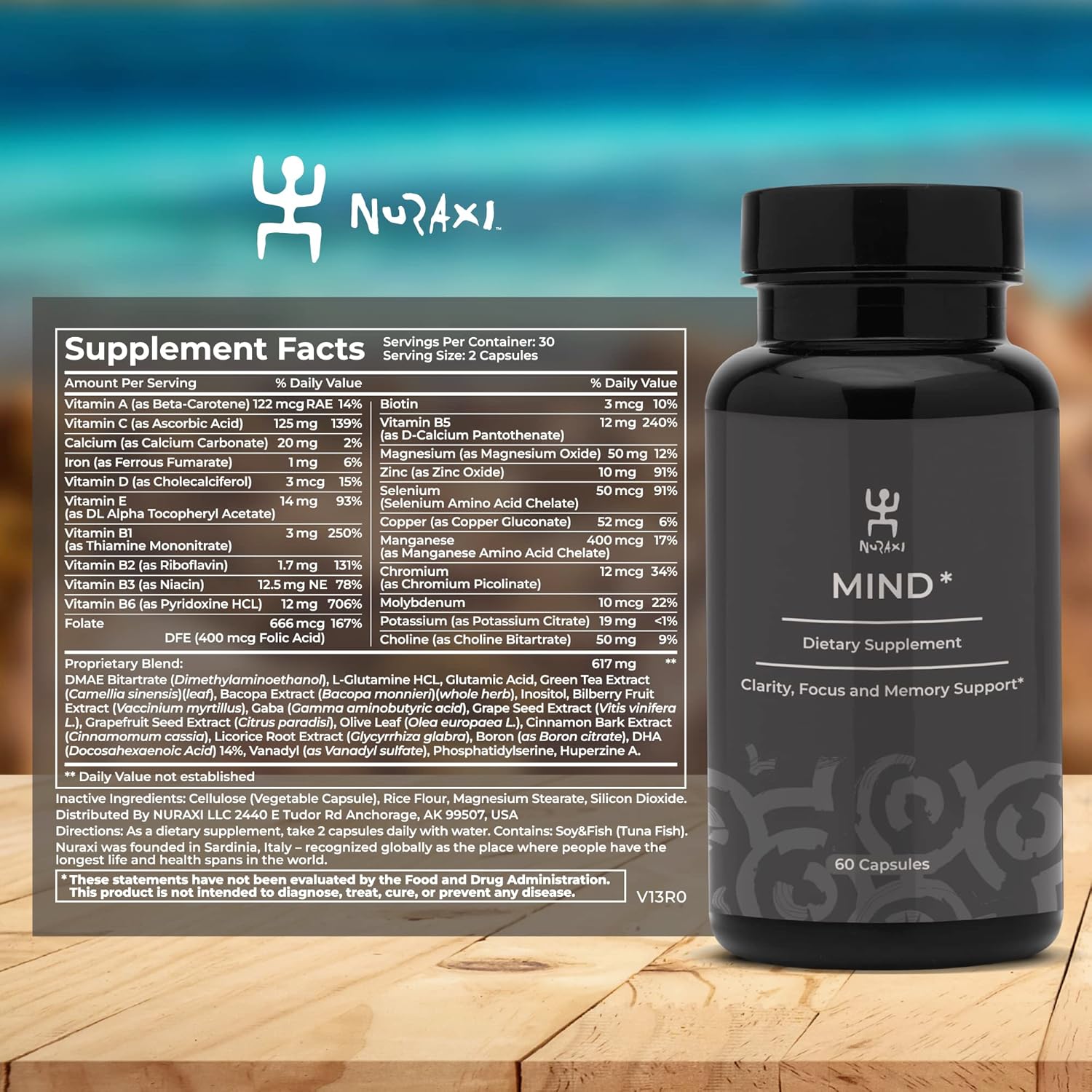 Nuraxi Mind Brain Formula Supplement with Natural Sardinian Ingredients for Focus & Memory Boost - 60 ct
