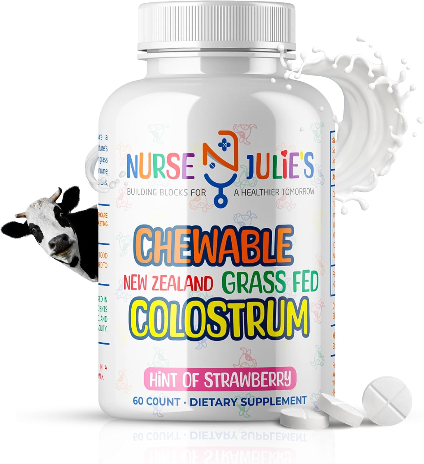 Nurse Julie's Chewable Colostrum Tablets for Kids - 100% Grassfed New Zealand Colostrum - Immune and Gut Health Support - 60 Tablets