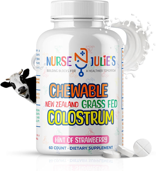 Nurse Julie's Chewable Colostrum Tablets for Kids - 100% Grassfed New Zealand Colostrum - Immune and Gut Health Support - 60 Tablets