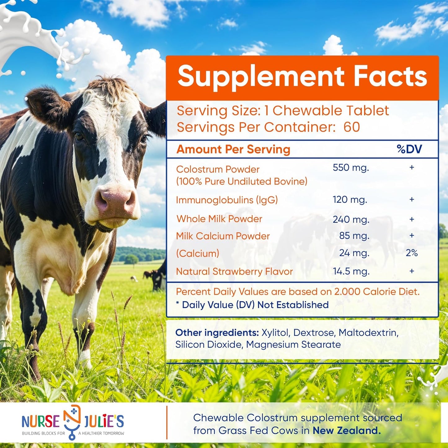 Nurse Julie's Chewable Colostrum Tablets for Kids - 100% Grassfed New Zealand Colostrum - Immune and Gut Health Support - 60 Tablets