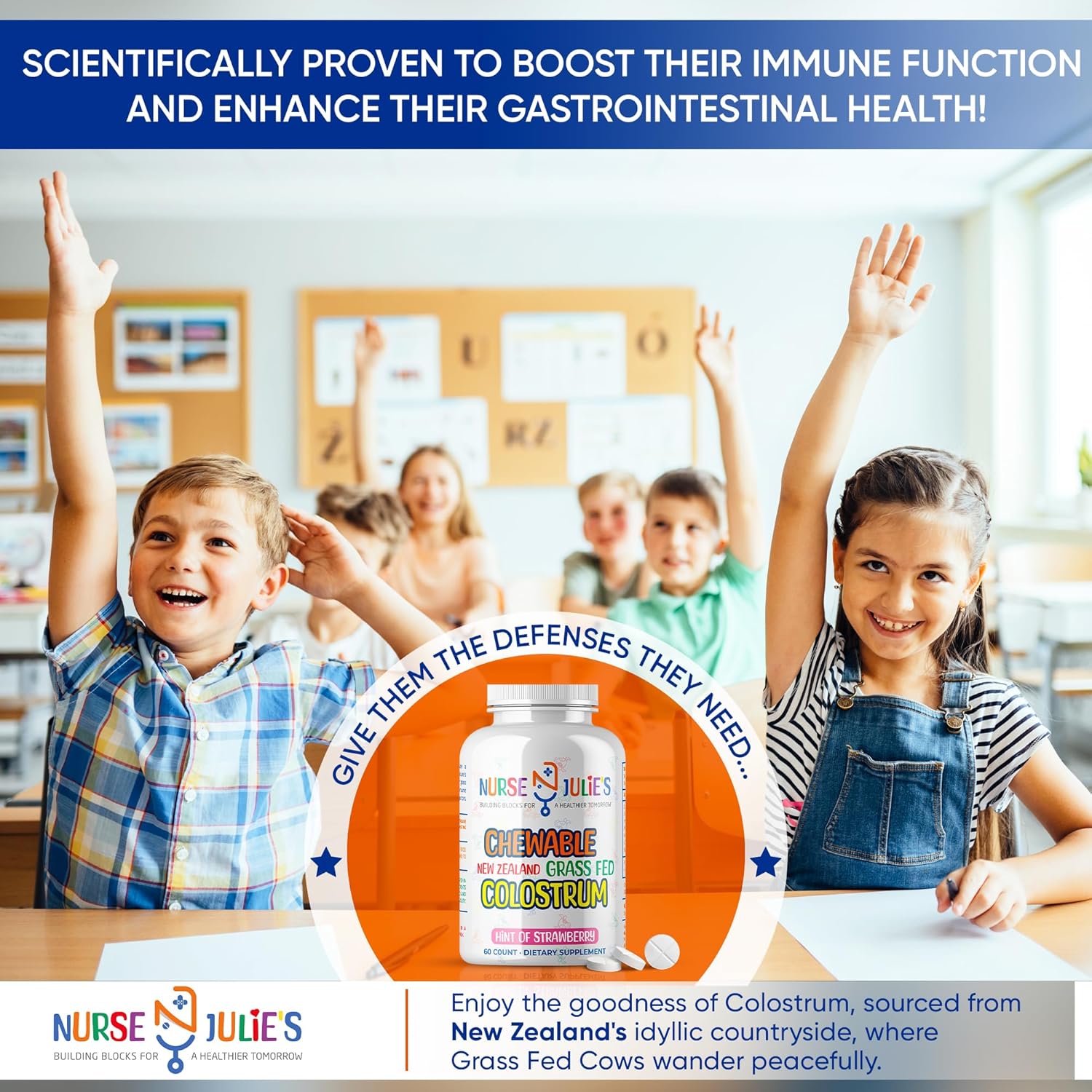 Nurse Julie's Chewable Colostrum Tablets for Kids - 100% Grassfed New Zealand Colostrum - Immune and Gut Health Support - 60 Tablets