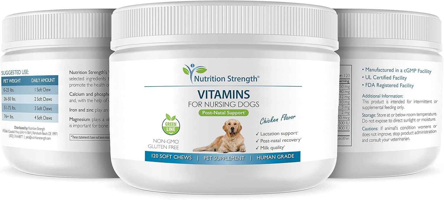 Nursing Dog Vitamins for Lactation Support, Post-Natal Recovery, and Healthy Puppies - 120 Soft Chews with Calcium, Phosphorus, Magnesium, Zinc
